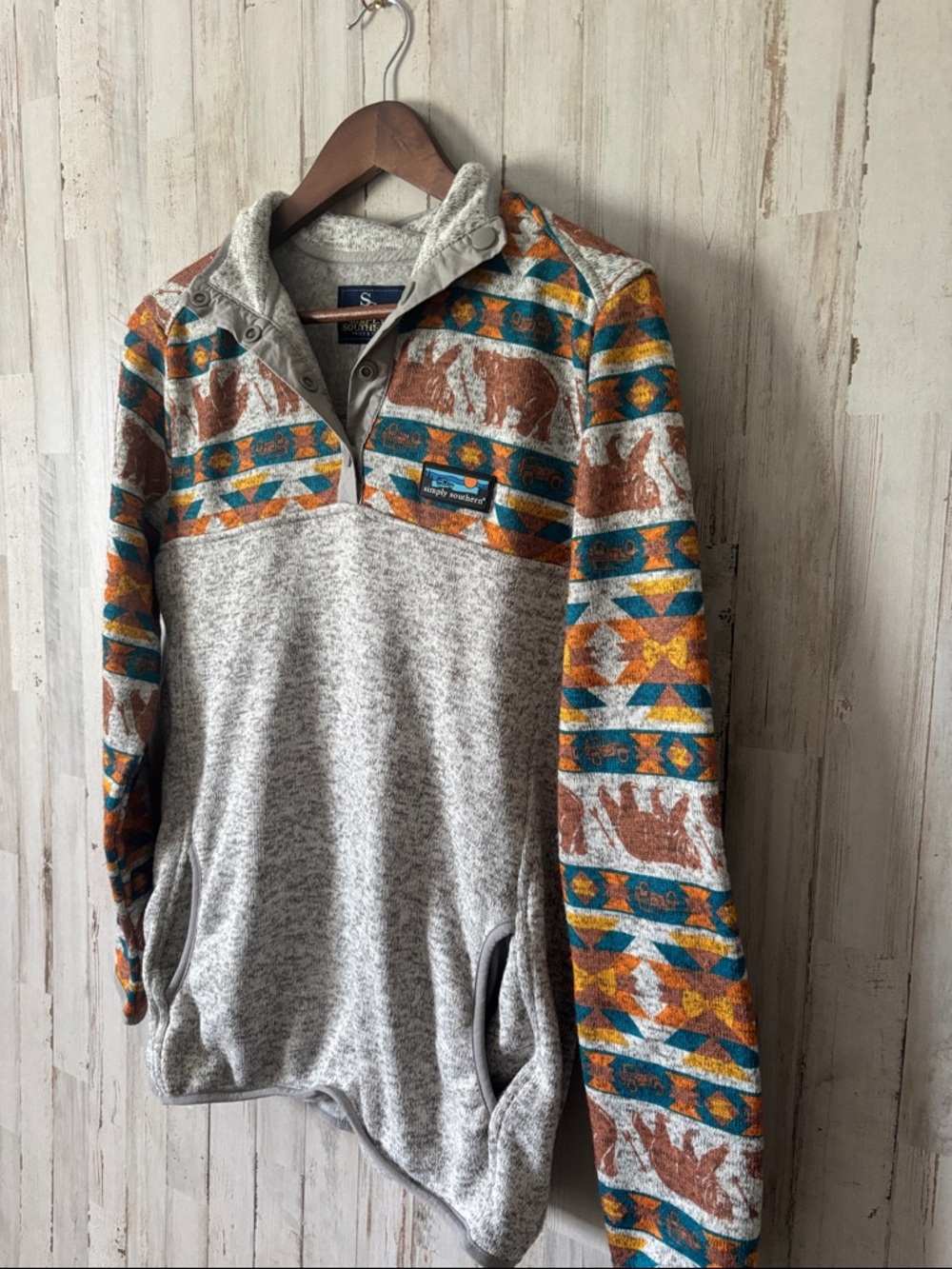 Simply‎ Southern Gray Pullover with Teal and Rust Southwestern Print
